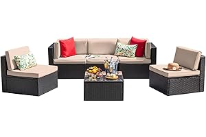 Devoko Patio Furniture Sets 6 Pieces Outdoor Sectional Rattan Sofa Manual Weaving Wicker Patio Conversation Set with Glass Table and Cushion (Beige)