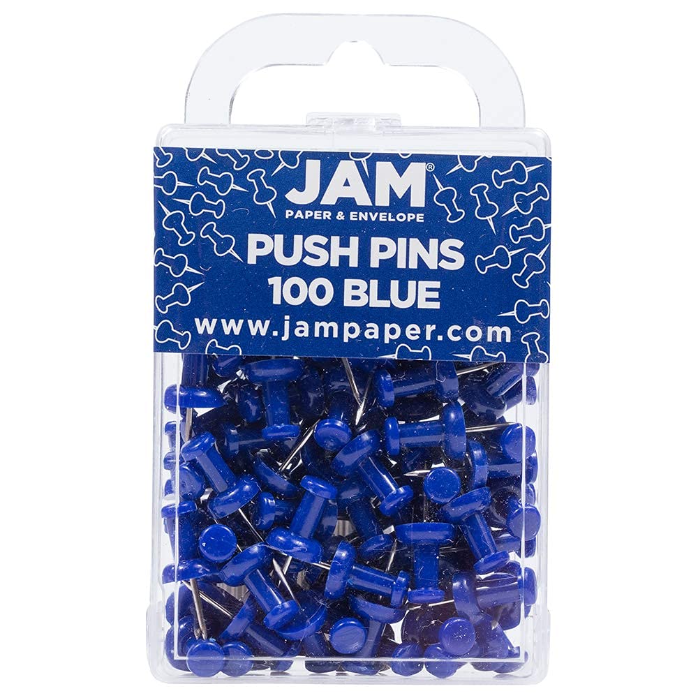 JAM PAPER Colourful Push Pins - Blue Pushpins - 100/Pack