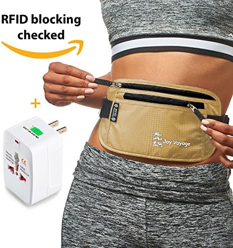 RFID Money Belt for Travel with Worldwide Travel Adapter. Most valuable property within reach