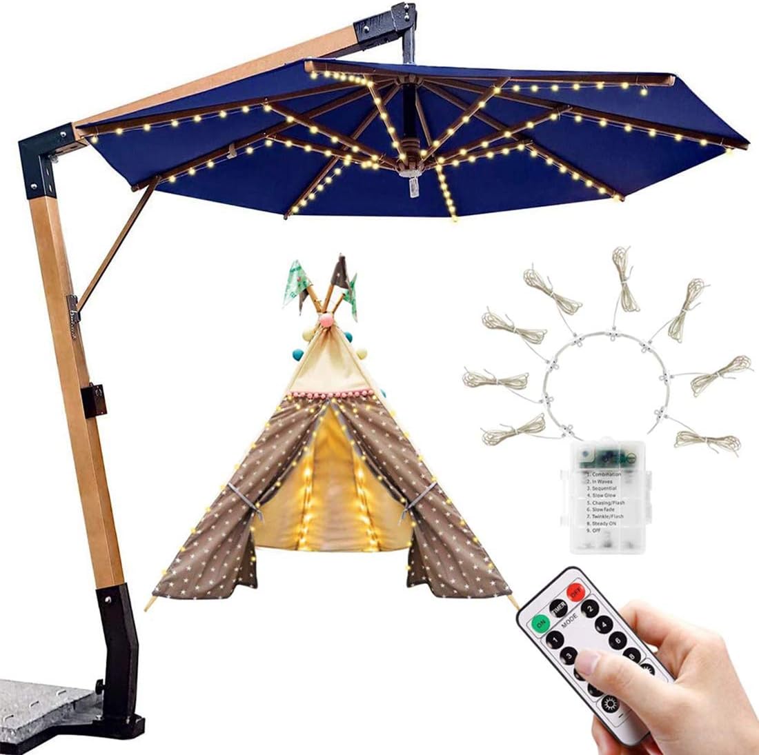 Patio Lawn Garden Umbrella Lights Solar Patio Umbrella Lights Cordless Parasol String Lights With Remote Control 8 Mode Led Umbrella Pole Light Wireless Battery Operated Waterproof For Patio Umbrella Camping Tents