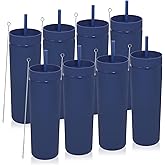 Volhoply 20oz Tumbler with Lid and Straw 8 Pack,Double Wall Plastic Skinny Tumblers Bulk,Reusable Travel Cute Coffee Mug,BPA Free Matte Acrylic Water Cups With Straw for Party,DIY Gifts(Navy, 8 Set)