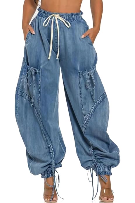 FXVZVFES Womens Pull on Jeans Drawstring Elastic Waist Lace Up 