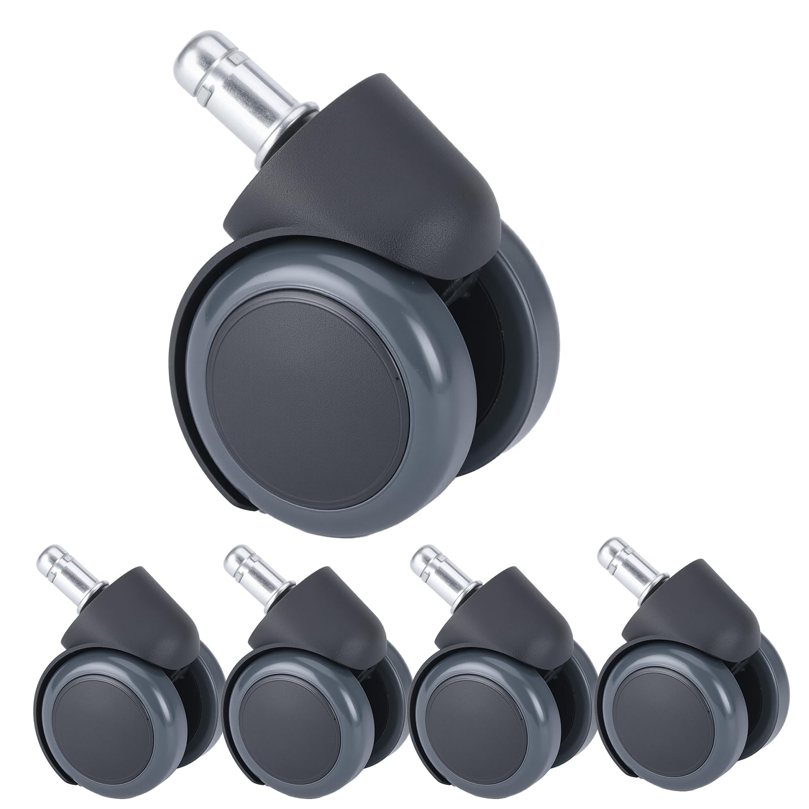 Photo 1 of Office chair wheel replacement kit, 5 pieces, suitable for hardwood floors and carpets, silent wheels, smoothly rotating office/gaming chair wheels suitable for most chair models (dark grey)