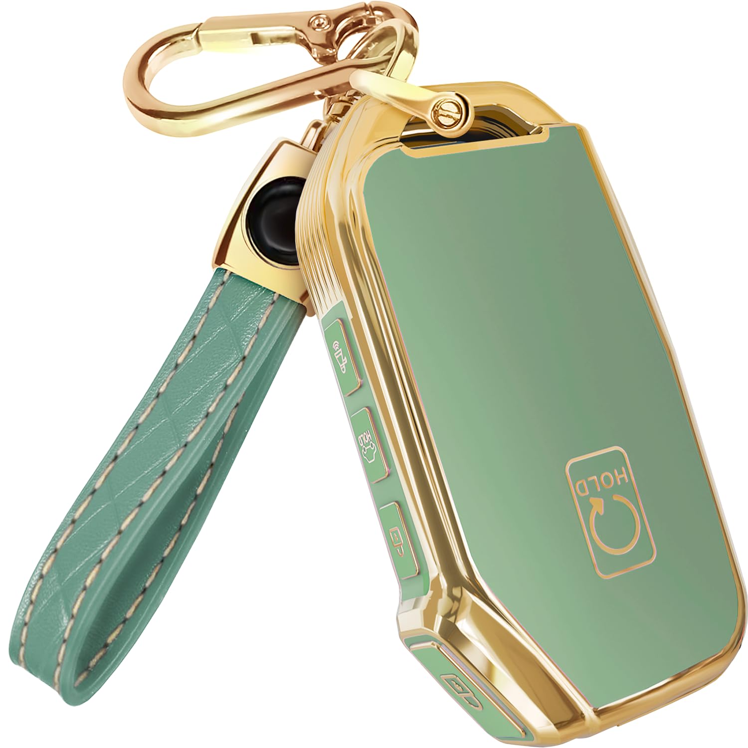 Photo 1 of Lucrum for Kia Key Fob Cover and Leather Keychain - TPU Key Case for Kia Sportage, Soul, Forte, Telluride, EV6, Niro, K5, Stinger - 2018-2023 Keyfob Cover - Green and Gold