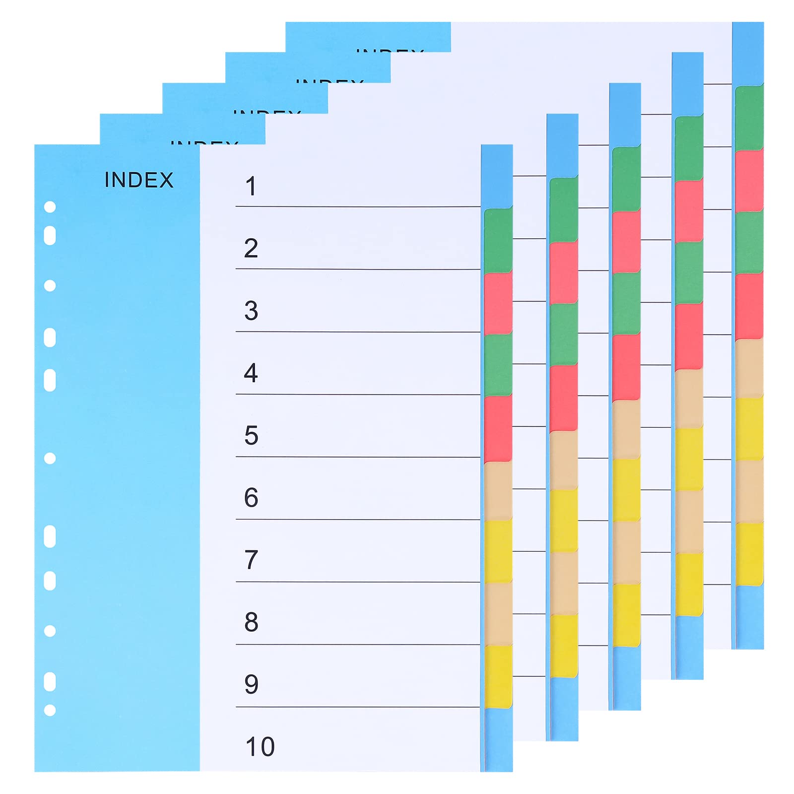 5 Pack A4 File Dividers 10 Part, A4 Subject Dividers, Card Folder Dividers, File Index Dividers with Multi Hole Punched, A4 Dividers for Ring Binders Paper Binder Dividers