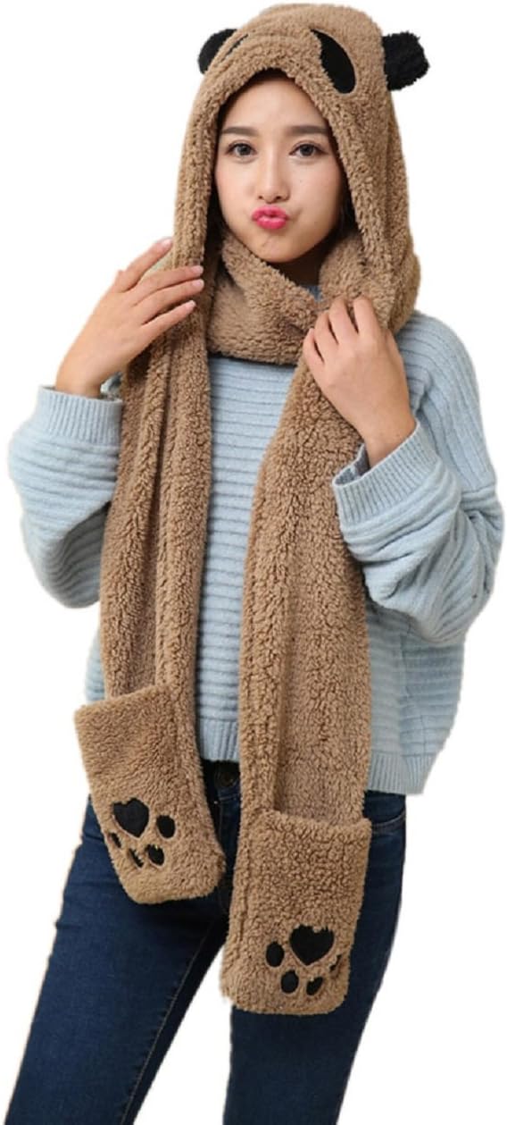 Oksakady 3 in 1 Women Multi-functional Soft Warm Cute Fleece Christmas Antlers Panda Hat Scarf Glove Set