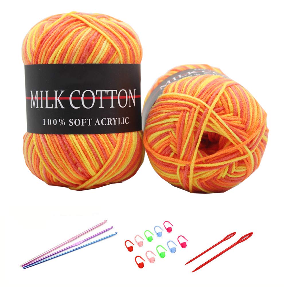 6X 50g Knitting Rainbow Wool Yarn Balls Colorful Hand Crochet Knitting Double Acrylic Yarn Set, 23 Colors, with 3 Crochet Hooks, 2 Needles, 10 Crochet Locking Stitch Markers (12)