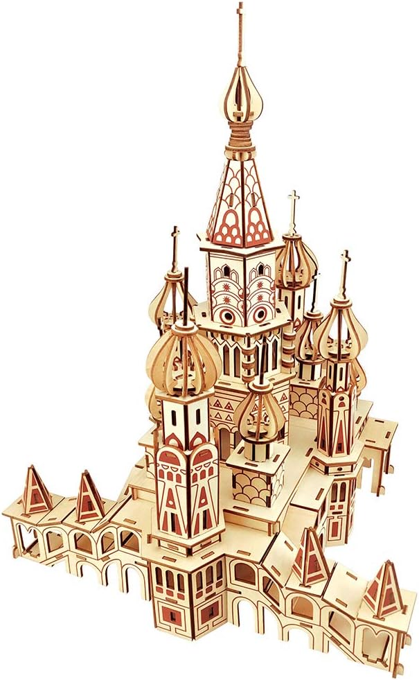 3D Wooden Puzzles Laser Engraving DIY Safe Assembly Constructor Kit Toy for Teens and Adults World Famous Buildings Mechanical 3-D Models for Self-Assembly (C6 Saint Basil's Cathedral)