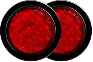 CZJCGD 2Pcs 4 Inch Round Red Led Trailer Tail Lights, 12 LED Brake Stop Turn Marker Lights Sealed Flush Mount IP67 for Trucks RV Grommet Plugs 3 Prong Wire