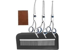 Pet Grooming Scissors Set for Dogs & Cats - Professional Dog Grooming Tools with Curved Scissors, Thinning Shears & Pet Hair 