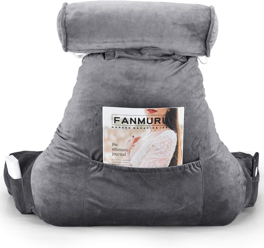 ACWARM HOME Reading Pillow, Bed Rest Pillow with Shredded Memory Foam, Support Arms, Headrest, Leg Pillow - Perfect Back Support for Reading, Relaxing for Kids & Adults (Grey): Home & Kitchen