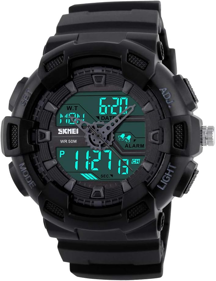 Men Digital Watch - Sports Waterproof Outdoor Military Watches Analog and Digital LED Backlight Alarm Stopwatch -White