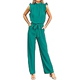 KIRUNDO Jumpsuits For Women Dressy Summer One Piece Sleeveless Ruffle Mock Neck Belt Pockets Formal Wide Leg Pants Romper