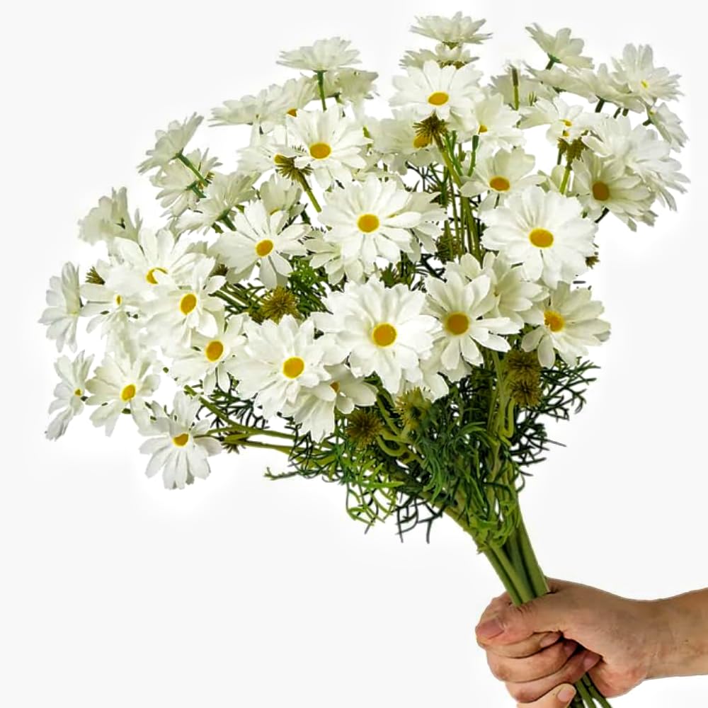 JPORSHU Artificial Flowers Outdoor Plants,10 Bunches Faux Fake Daisy Wildflowers Plastic UV Resistant Dried Flowers,for Door Hanging Baskets Wreath Home Decorations (White)