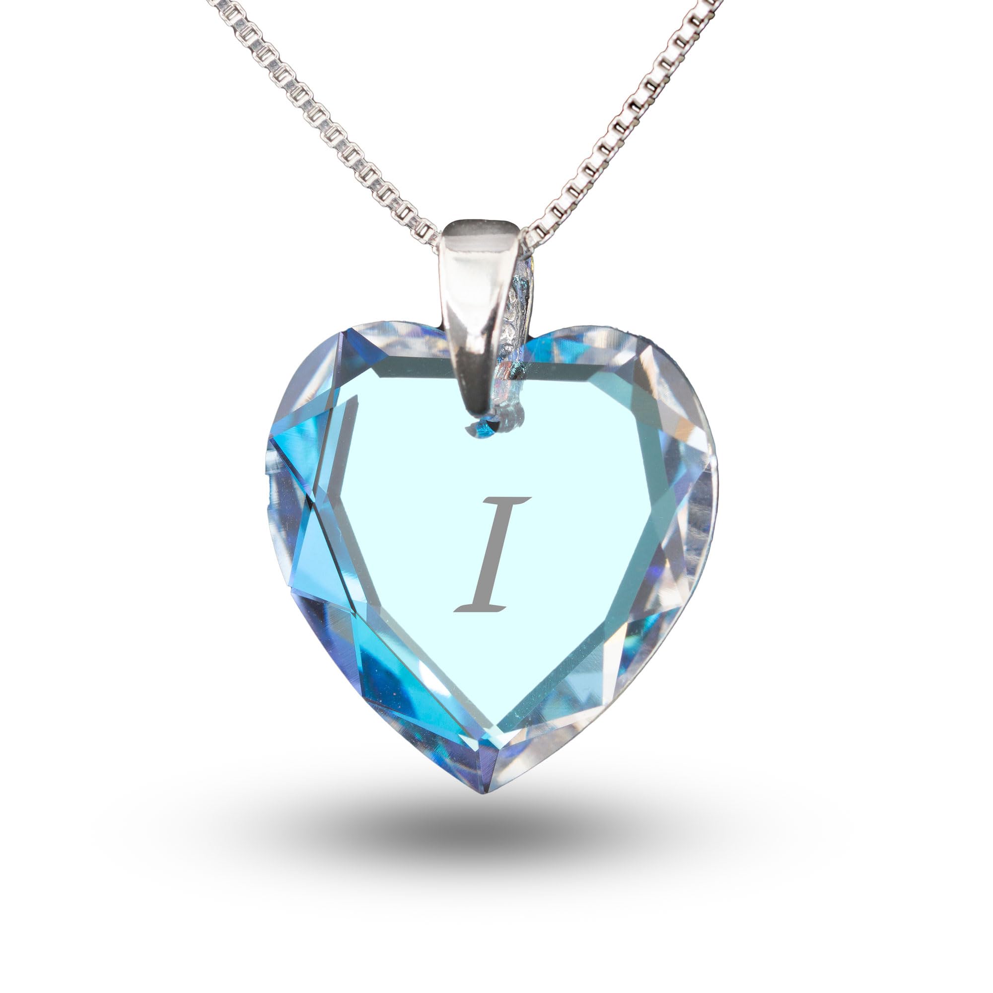 Children's necklace, 925 silver with Swarovski elements, heart pendant, blue colour AB (customisable) Buchstabe " I "