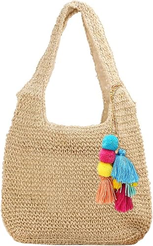 Amazon.com: Bolso de paja grande de paja tejida bolsa de playa bolsa de paja  con asa superior bolsa de paja con borla verano, beige: Shoes