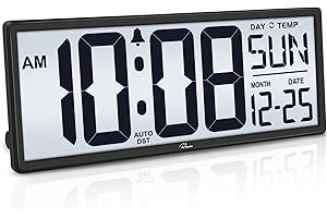 WallarGe Backlight Digital Wall Clock Battery Operated - with Temperature and Date 14.5'' Large Digital Wall Clock, Easy to Read and Set, Auto DST
