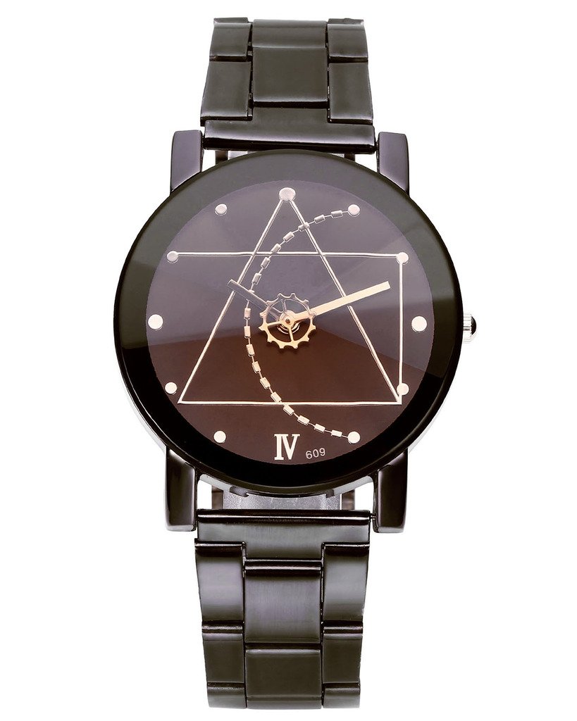 JSDDE unisexe Montre à Quartz Analog Bracelet classique Convexes noir motif géométrique engrenage secondes Cadran