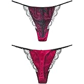 SilRiver Women's Satin Silk G-String Thongs Sexy Panties Luxury Tangas Lingerie with Adjustable Straps & Contrast Black Lace