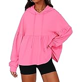 Fisoew Womens Oversized Hoodies Sweatshirts Casual Lantern Long Sleeve Drawstring Peplum Hem Loose Hooded Pullover Tops Pink