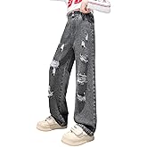 Milokado Girls Ripped Wide Leg Jeans Denim Elastic Baggy Kids Button Jeans Casual Pocket Pants Age 5-14