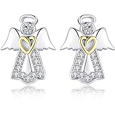 CZ Angel Stud Earrings for Women 925 Sterling Silver Cubic Zirconia Small Cute Crystal Gold Heart Studs Tragus Post Hypoallergenic Lovely Jewelry Gift for Daughter Niece