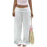 RoseSeek Women's Wide Leg Linen Pants Low Rise Foldover Casual Lounge Pants Vacation Trousers