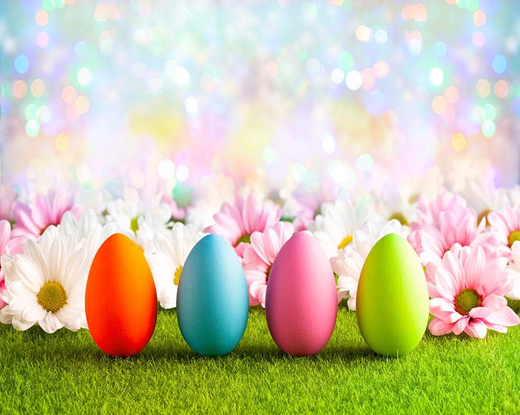 Haosphoto 7X5FT Happy Easter Backdrop for Photography Spring Garden Floral Backdrop Bokeh Sequin Flower Green Grass Field Eggs Hunt Background for Boys Girls Kids Easter Party Photo Studio Prop HS306