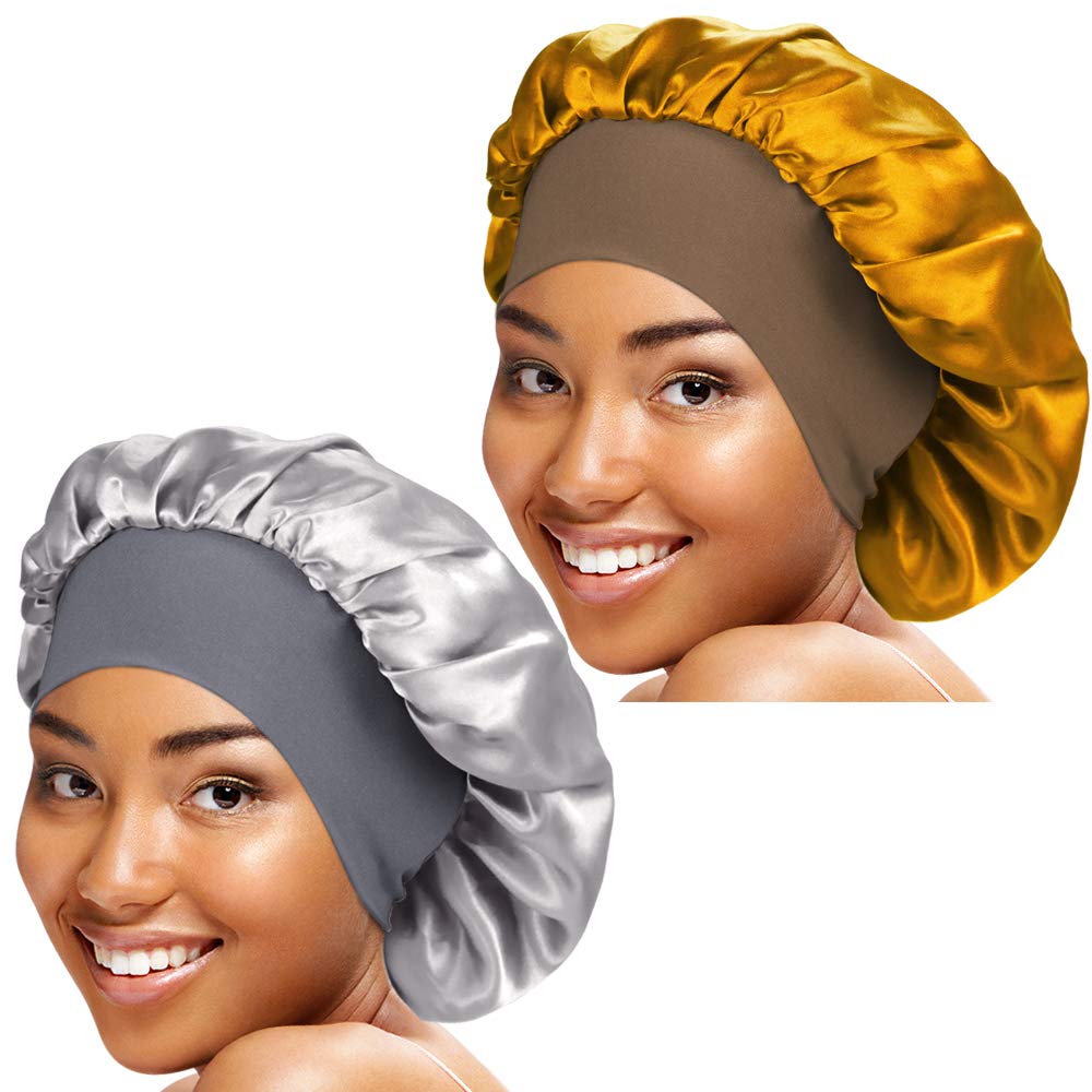 2 Pieces Wide Band Satin Cap Sleep Bonnet Soft Night Sleep Hat for Women