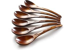 AOOSY Soup Spoons, 6 Pieces 7.84 inches Japanese Ramen Spoons Round Nanmu Wood Long Handle Rice Dessert Cooking Tasting Dinne