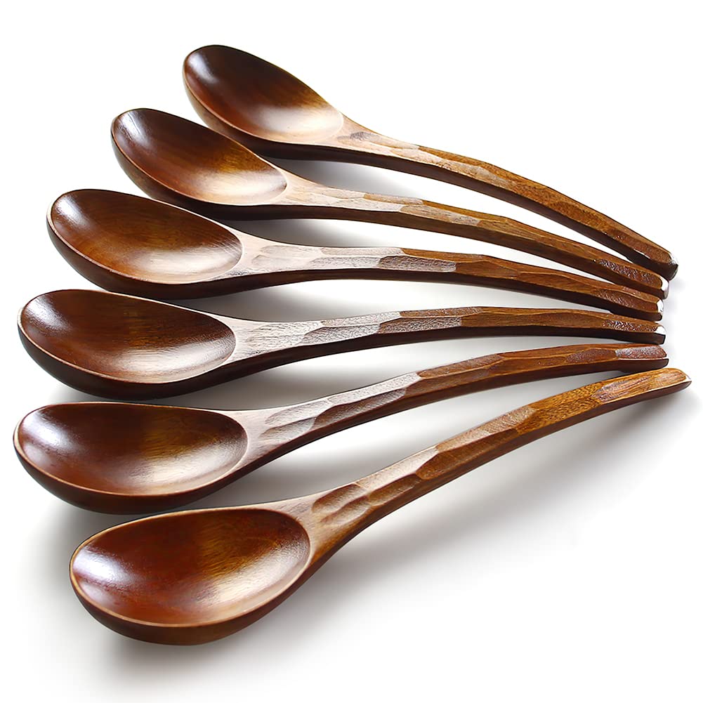 AOOSY Wooden Soup Spoons, 6 Pieces 7.84 inches Japanese Ramen Spoons Round Nanmu Wood Long Handle Kids Rice Dessert Cooking Tasting Dinner Table Spoon for Kitchen Restaurant