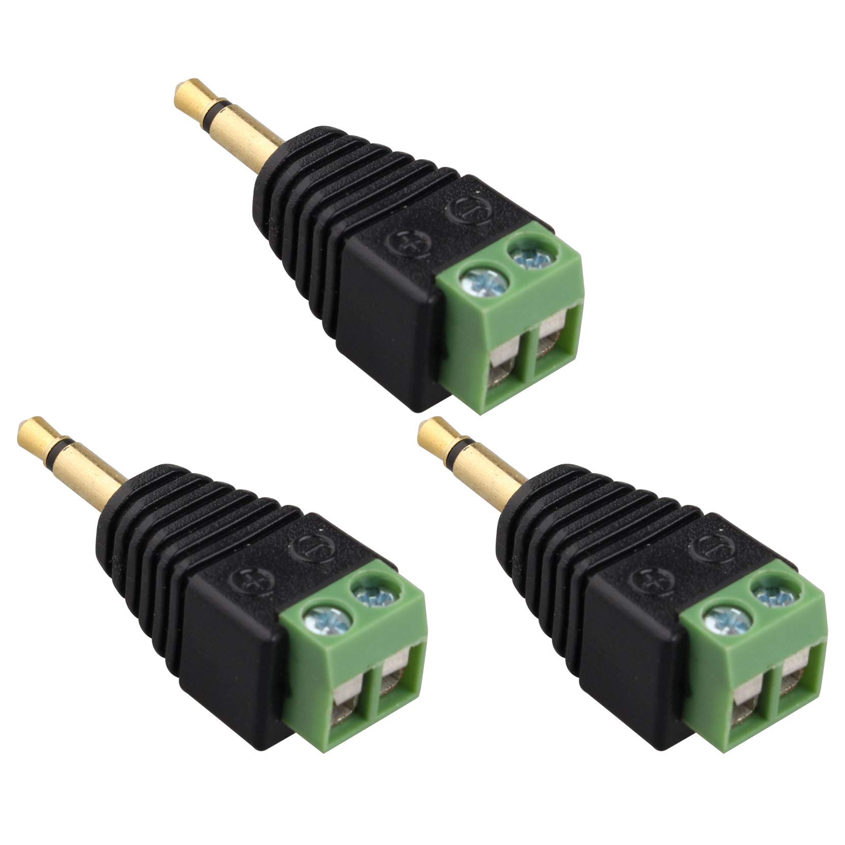 Jopto 3PCS 3.5mm TS Mono Male to 2 Pin Screw Terminal Female AUX Headphone Balum Solderless Converter Professional Gold Plated Copper Adapter Green Terminal 3.5mm Small Two-Pin Plug