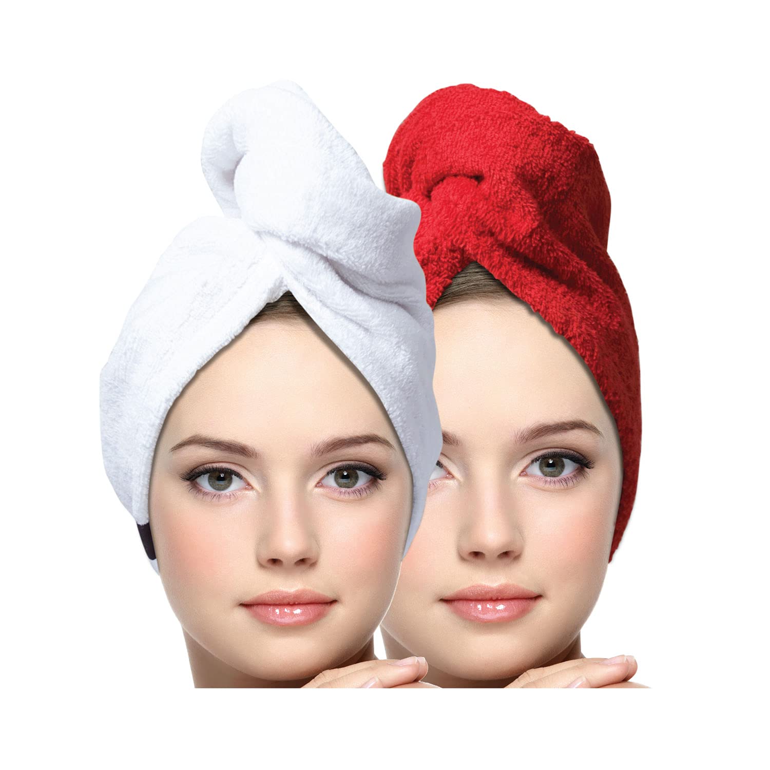 KEEPOZ Hair Towel Wrap Quick Dry 100% Cotton Super Absorbent Turban Head Wrap for Women with Button, Anti Frizz Hair Products, Hair Cap for Curly, Long & Thick Hair (2pcs) (Red + White)