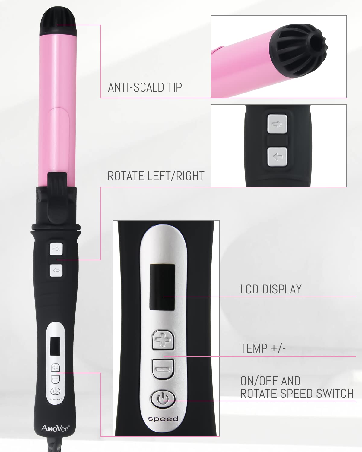 AmoVee Rotating Curling Iron, 1.25 Inch Auto Ceramic Curling Iron, Adjustable Temps 180 °F to 410 °F, Dual Voltage, A Valentines Day Gifts for Her