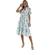 winkbay Women's Boho Floral Midi Dress Summer Ruffle A Line V Neck Flowy Sundress Beach Vacation Clothes