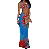 RoseSeek Women's 3 Piece Floral Cheeky Bikini Sets Halter String Swimsuit with Mesh Beach Cover Up Skirt