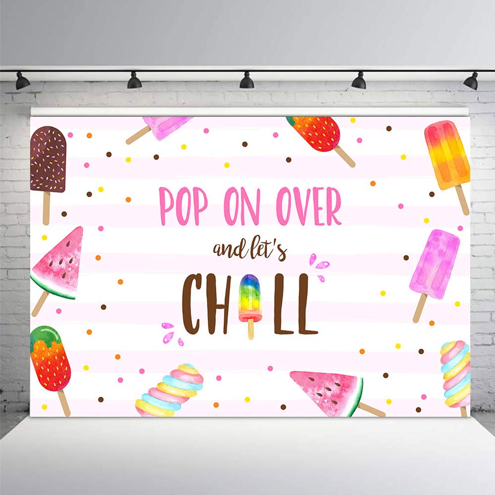 Photo 1 of MEHOFOND Summer Popsicle Party Backdrop Pink Pool Pop On Over and Let's Chill Swim Girl Birthday Baby Shower Background Photography Photo Booth Banner for Cake Table Supplies 7x5ft