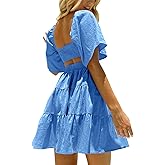 OWNGIGI Women's Summer Dresses Square Neck Short Sleeve Cutout Crossover Elastic Waist Casual Party A-Line Mini Dress
