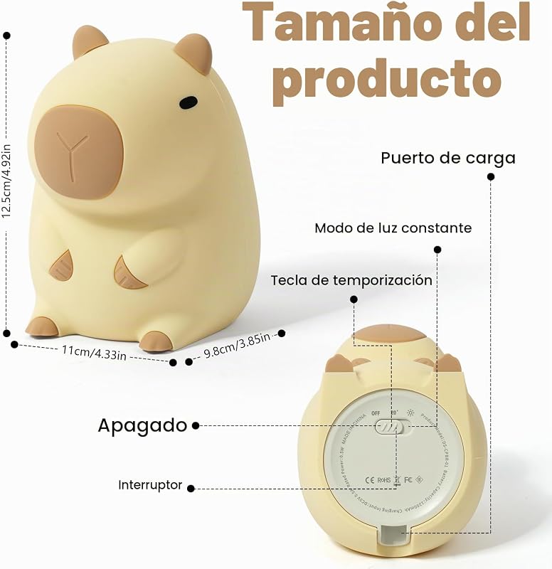 Candeeiro de capibara, candeeiro noturno de capybara fofo para crianças, lâmpadas portáteis USB recarregáveis de 1200mAh para capibara, luz noturna de silicone para crianças com temporizador ajustável — foto 2 de 8