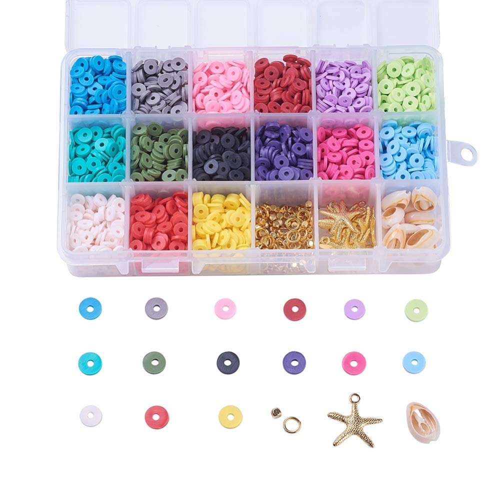 PandaHall 2850~3000pcs 6mm Flat Round Polymer Clay Heishi Beads with 15pcs Shell Beads & 15pcs Starfish Pendants &100pcs Spacer Beads & 30pcs Jump Rings for DIY Jewelry Making