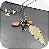 Grmpt Vintage Long Feather Necklaces for Women Boho Layered Stacking Leaf Feather Star Pendant Necklaces Boho Holiday Necklace