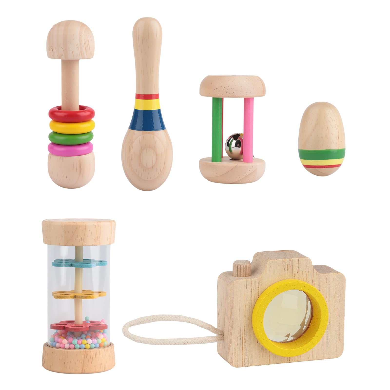 6pcs Wooden Rattle - Sensory Wooden Rattles for Baby, Montessori Baby Musical Instrument, Wooden Musical Toys, for Babies and Kids, Instruments Maracas Kit, Safe and Natural Wood Baby Rattle