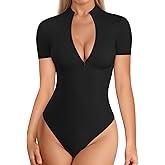 MANGOPOP Long Sleeve Body Suit Mock Turtle Neck Zip Up Bodysuit for Women Ribbed Deep V Sexy Bodysuit Shirts