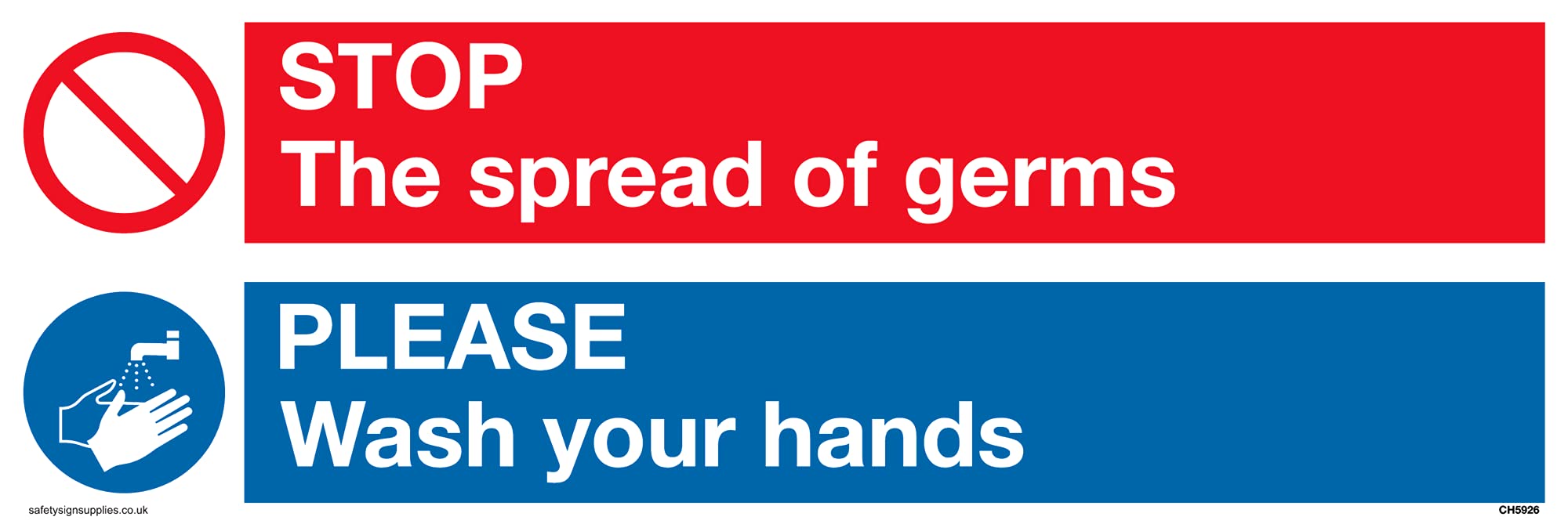 Pack of five - dual standard red prohibtion symbol & wash hands symbol in blue circle Sign - 300x100mm - L31