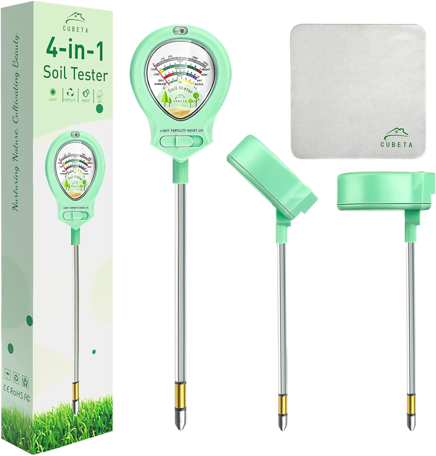 CUBETA Soil Moisture Meter for Plants, 2025 Upgrated 4-in-1 Soil pH Tester for Light/pH/Moisture/Fertility, Soil Testing Kit for Lawn, Farm, Greenhouse, Outdoor & Indoor
