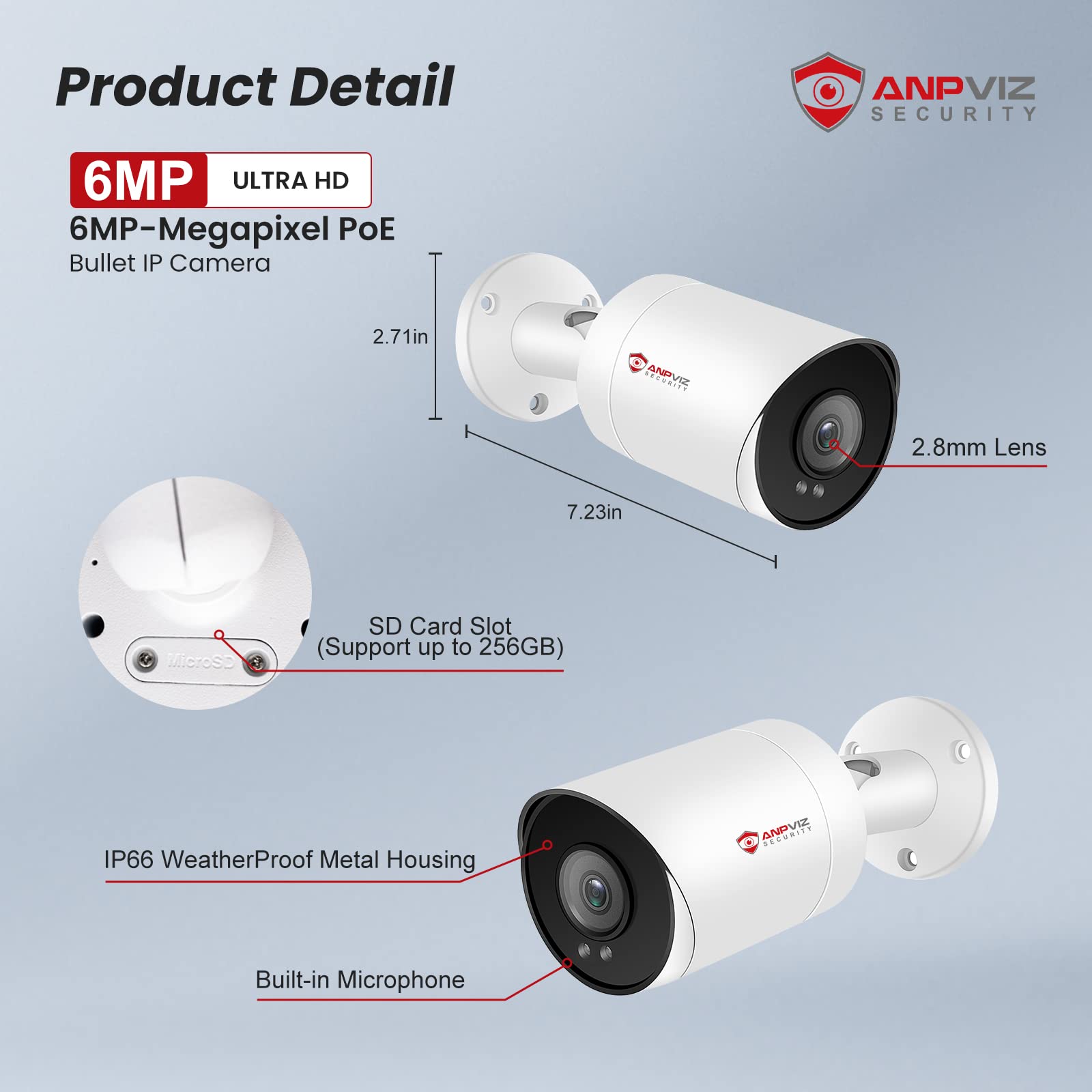 Anpviz 6MP Bullet PoE IP Camera with Human & Vehicle Detection, Security IP Camera Outdoor Indoor, 100ft Smart Color Night Vision, 2.8mm Lens, MicroSD Slot(up to 256GB) for 24/7 Recording (U Series)