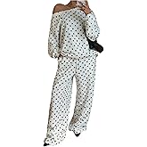 SweatyRocks Women's 2 Piece Outfits Polka Dots One Shoulder Loose Sweatshirt and Drawstring Sweatpants Set