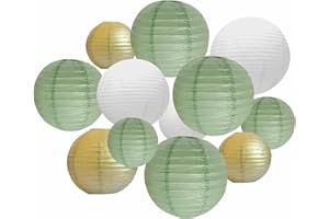 ANSOMO Sage Green White and Gold Paper Lanterns Party Decorations Chinese Japanese Hanging Decorative Birthday Baby Shower Bridal Wedding Greenery Neutral Home Décor 12 Pcs 12" 10" 8" 6"