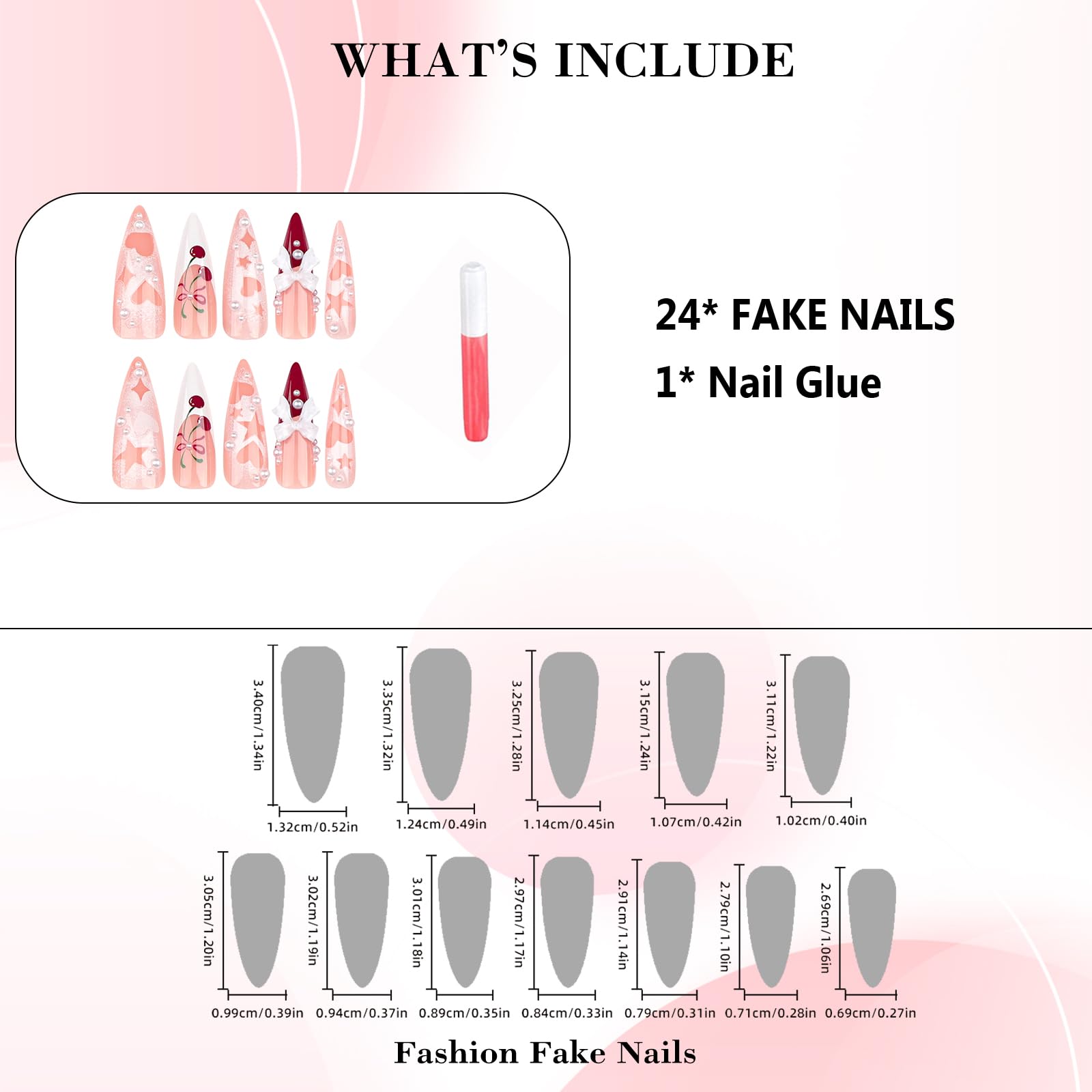 IMRAIN Long Press on Nails Stiletto Red French Tips Fake Nails Full Cover Glossy Acrylic Nails Press ons Cute Cherry & Bow Designs Glue Stick on False Nails for Women 24Pcs - Image 5