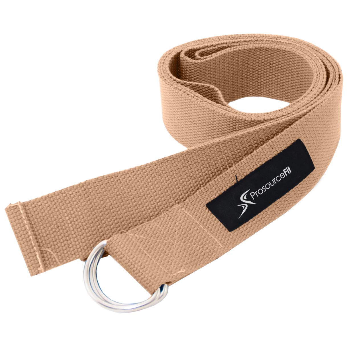 ProsourceFit Metal D-Ring Yoga Strap 8’ Durable Cotton for Stretching and Flexibility, Beige